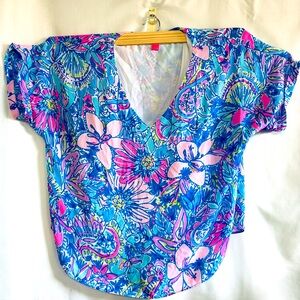 Lilly Pulitzer Sheer Sleeve V-Neck Blouse, Size Large – Vibrant Colors